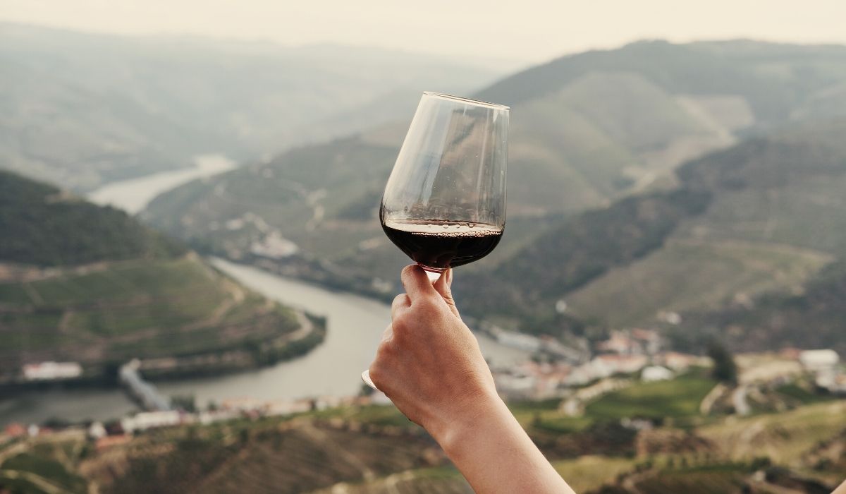 holding wine glass overlooking vineyard