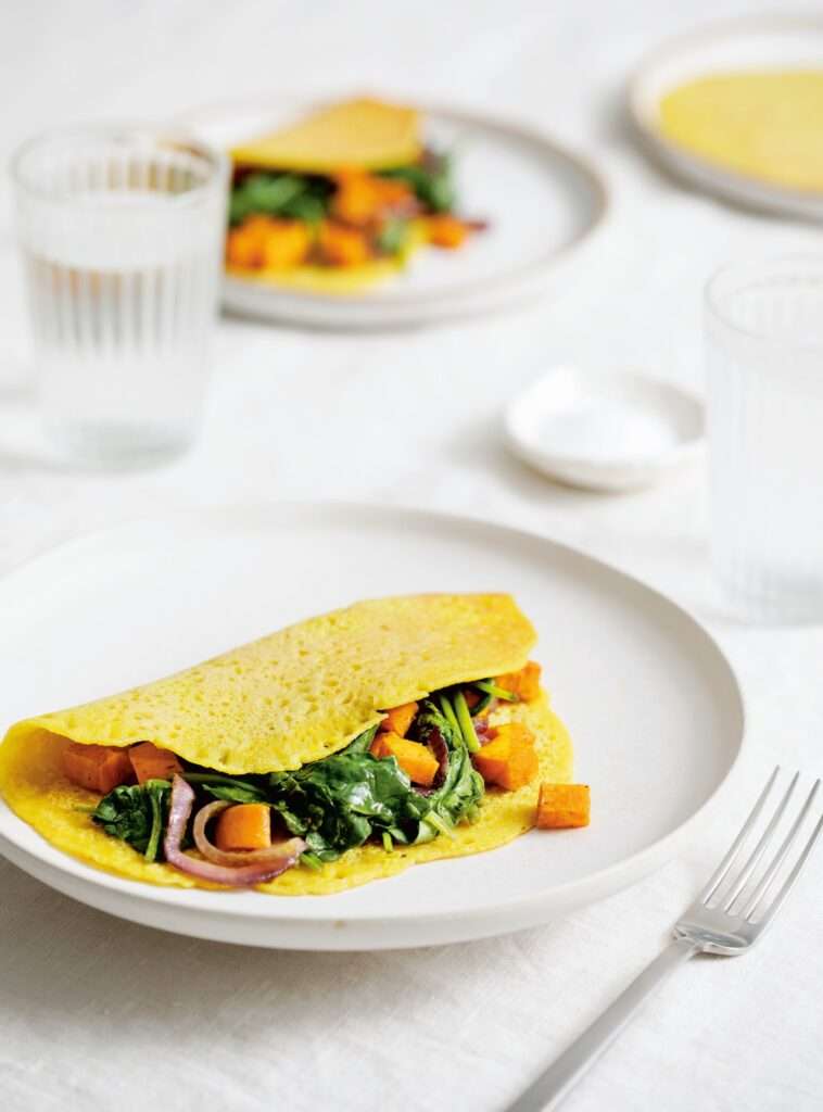 Chickpea Omelette with Curried Sweet Potato and Spinach